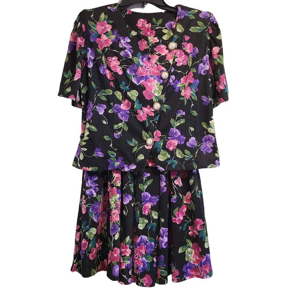 Paquette Too Womens 2 PC Cropped Top Skirt Set Size 10 Black Floral Vintage USA